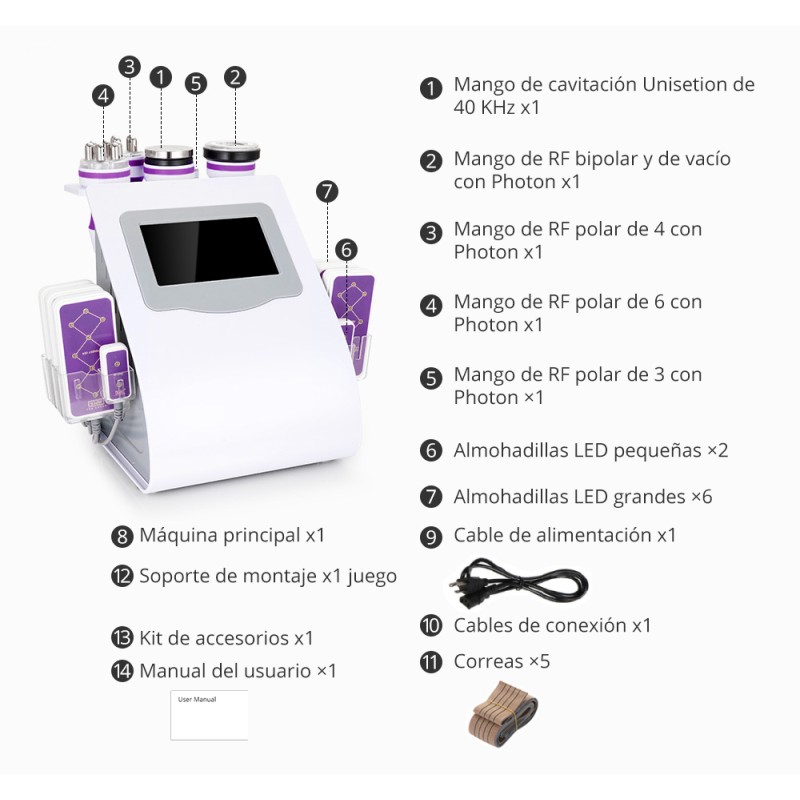 Máquina 6 en 1 Cavitación 40K RF Lipo Láser Moldeadora Corporal