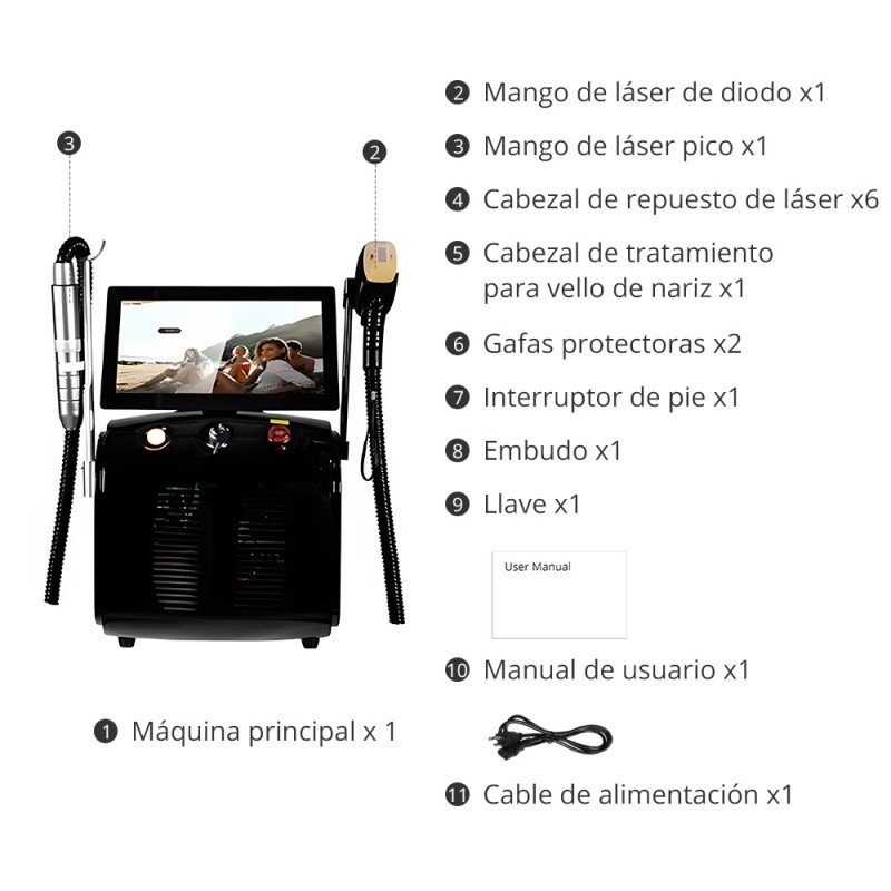 Máquina Láser 2 en 1 Pico Láser y Diodo Láser para Eliminación de Tatuajes, Manchas y Vello