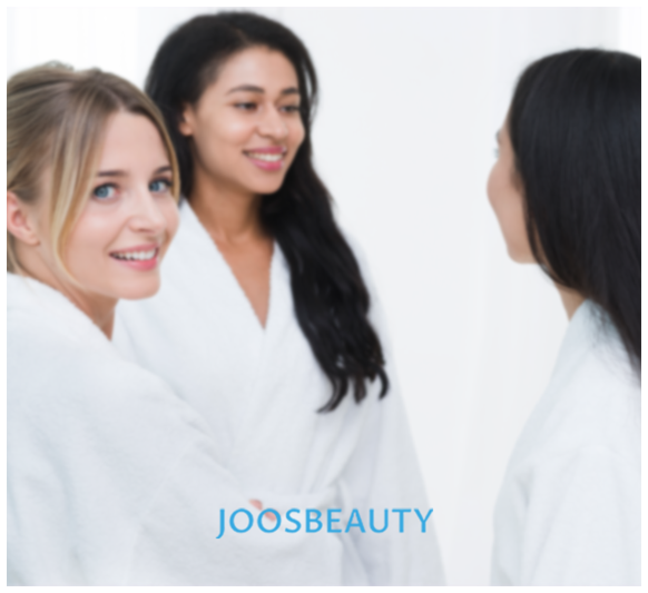 Three women in white robes with MYCHWAY logo