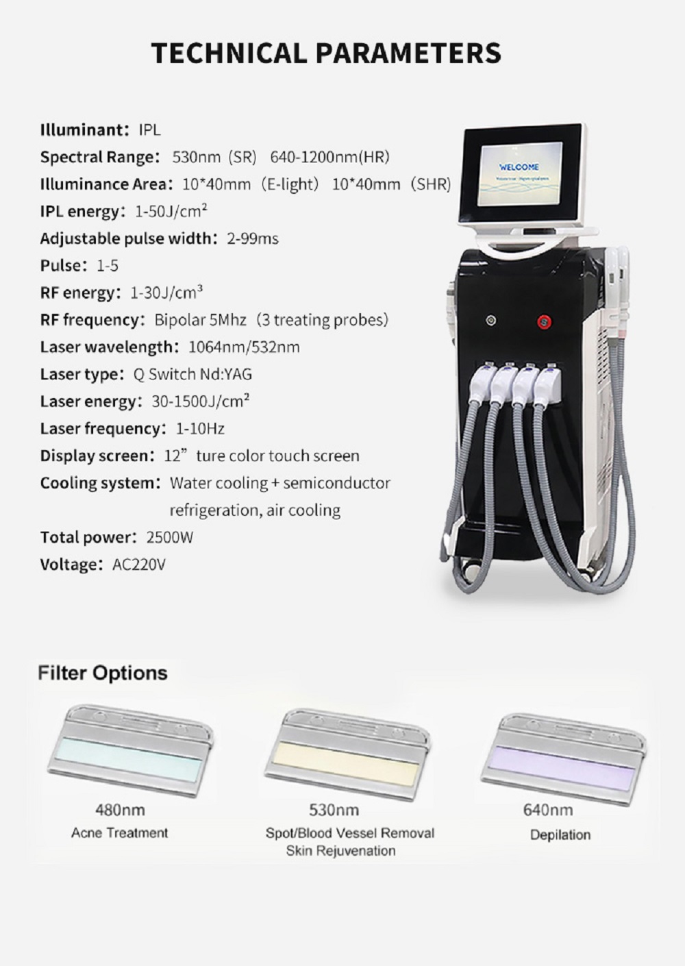 Ipl Parameters Multifunctional 4 In 1 IPL Yag Laser RF Tattoo Hair Removal Machine